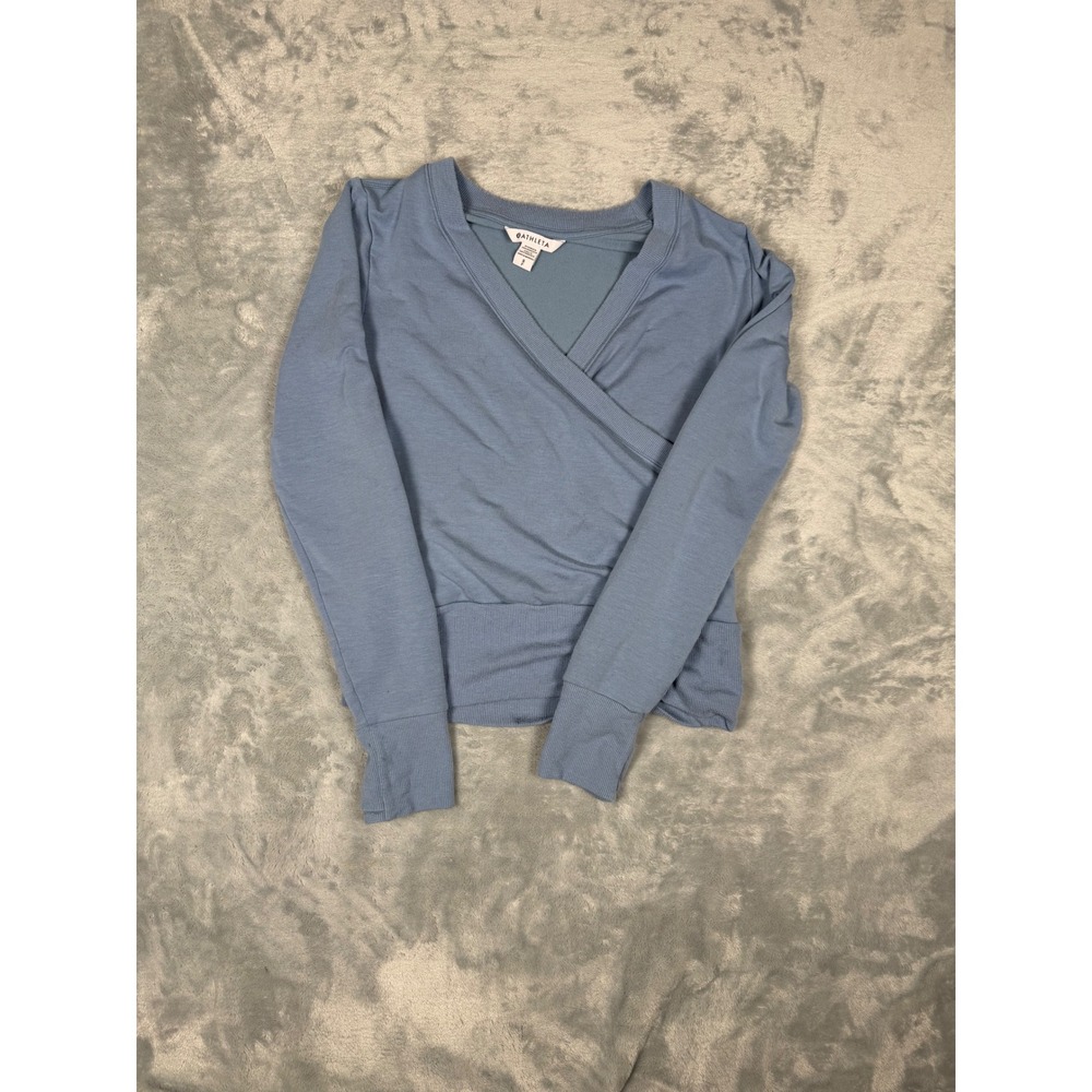Athleta Coaster Luxe V-Neck Wrap Sweatshirt Blue Small S Pullover Fleece
